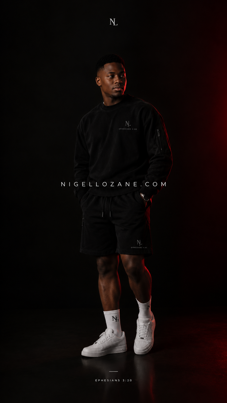 Nigel Lozane black streetwear collection, photographed in a dark editorial style